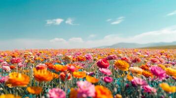 AI generated A minimalist shot of a vibrant flower field, with colorful blooms stretching to the horizon photo