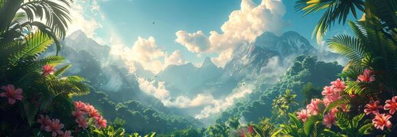 AI generated a tropical jungle scene with clouds and mountains in the background photo