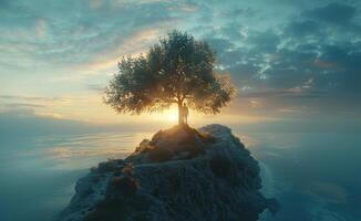 AI generated a person is on an island top with a tree photo