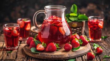 ai generado un frio verano bebida presentando fresas servido en un jarra y lentes en un rústico de madera mesa foto