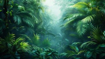 ai generado tropical selva, con imponente arboles y denso verdor, Proporcionar un lozano foto