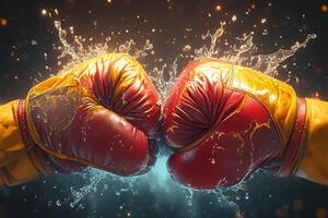 AI generated Closeup boxing gloves with water splash on a dark photo