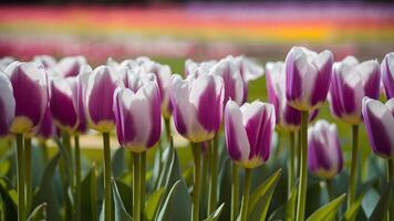 AI generated Vibrant violet white tulips with blurred spring background photo