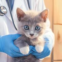 ai generado animal salud cheque veterinario con estetoscopio examina gris gatito cercanamente para social medios de comunicación enviar Talla foto