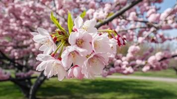 AI generated Cherry tree blossom closeup in springtime nature scene, Easter photo