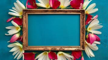 AI generated Capture Top view of floral frame lovely flowers petals on vintage turquoise photo