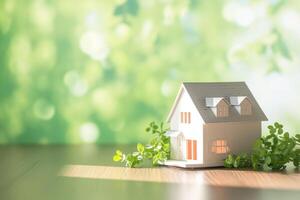 AI generated Tiny home charm Model house against green bokeh background photo