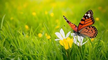 AI generated Easter spring background with fresh butterfly and yellow green grass photo