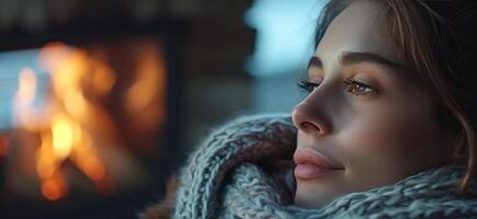 AI generated in home in the winter beautiful woman looking into fireplace photo