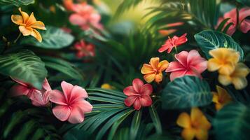 ai generado un vibrante jardín lleno con tropical flores y lozano verdor, ofrecimiento un animado foto