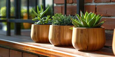 ai generado de madera ollas con pequeño verde plantas, cerca un ladrillo pared foto