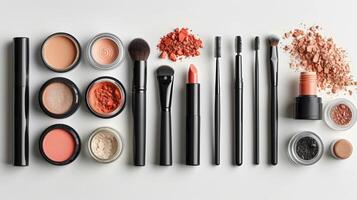 AI generated A minimalist composition of unbranded makeup essentials like foundation, mascara, and blush photo