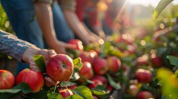 ai generado personas cosecha fresco, maduro frutas a un vistoso Fruta huerta, con el Dom brillante foto