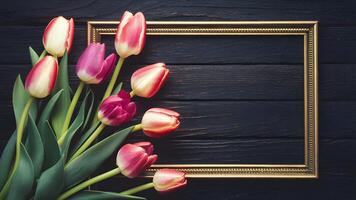 AI generated Spring flowers tulips framed on dark rustic wooden background photo