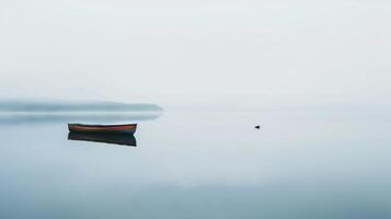 AI generated tranquil lake, with clear water reflecting the surrounding trees and a single boat floating photo