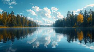 AI generated A minimalist composition of a tranquil lake, with calm waters reflecting the surrounding trees photo