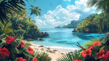 AI generated A minimalist composition of a tropical paradise, featuring lush greenery, exotic flowers photo