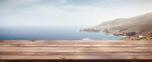 AI generated wooden table with a blurry ocean view photo