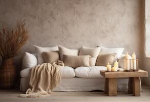 AI generated white sofa with pillows and candle sticks photo