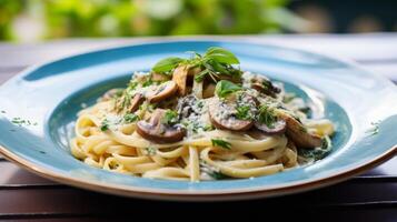 ai generado fetta pasta en un seta salsa servido en un azul plato y adornado con hongos y albahaca verde foto