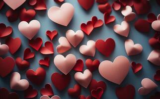 AI generated Several paper heart shapes arranged on a red background, creating a simple yet impactful visual photo