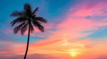 AI generated A minimalist silhouette of a palm tree against a colorful tropical sunset sky photo