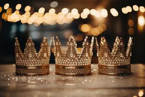 AI generated three crowns on silver and gold tables in front of sparkling lights photo