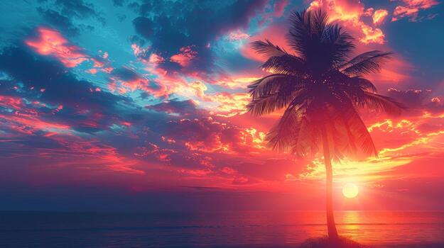 AI generated a palm tree against a colorful tropical sunset sky, offering a striking and atmospheric background photo