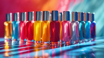 AI generated A vibrant and eye-catching photo of unbranded nail polish bottles in a variety of bright colors