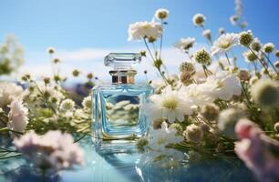 ai generado un perfume botella metido encima un cama de flores, evocando elegancia y fragancia foto