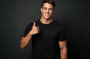 AI generated young man showing thumbs up in dark t shirt photo