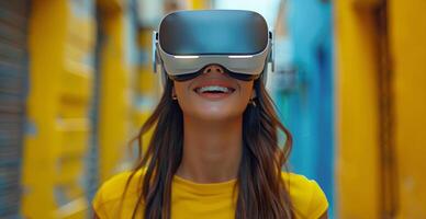 ai generado mujer en amarillo parte superior vistiendo virtual realidad auriculares foto