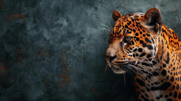 ai generado grande leopardo en pie siguiente a pared foto
