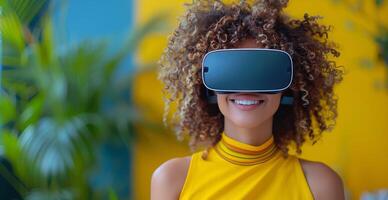 AI generated Woman in Yellow Dress Wearing Virtual Headset photo