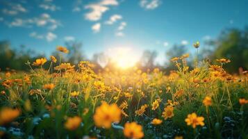 ai generado campo de amarillo flores debajo azul cielo foto