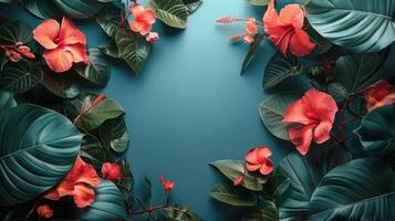 AI generated Blue Background With Red Flowers and Green Leaves photo