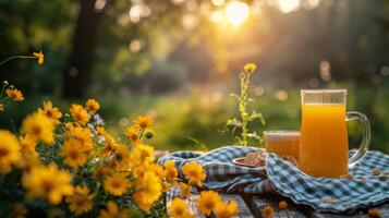 ai generado taza de té rodeado por fresas y margaritas foto