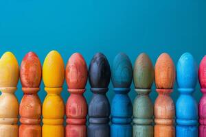 AI generated Row of Colorful Wooden Pegs Against Blue Background photo