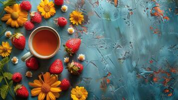 ai generado taza de té rodeado por fresas y margaritas foto