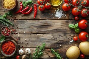 AI generated Diverse Array of Food on Wooden Table photo