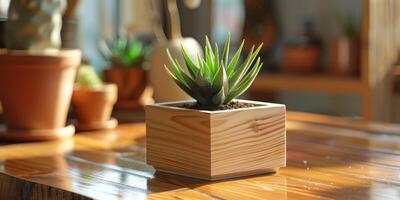 ai generado planta ollas poseedor en el de madera caja en un de madera mesa foto