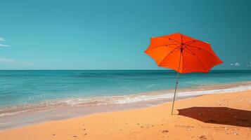 AI generated a sandy beach under a clear blue sky, with a single beach umbrella casting a shadow photo