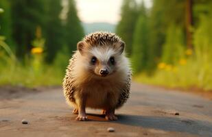 AI generated hedgehog along the road in forest photo