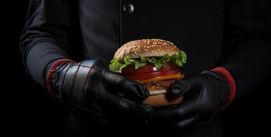 ai generado un persona es participación un hamburguesa en guantes foto