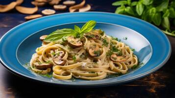 ai generado fetta pasta en un seta salsa servido en un azul plato y adornado con hongos y albahaca verde foto