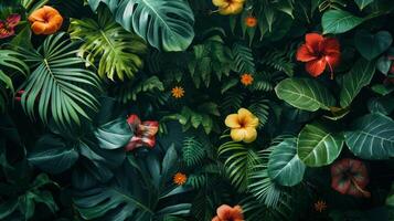 ai generado un minimalista Disparo de un lozano tropical selva, con denso follaje y vibrante flores foto