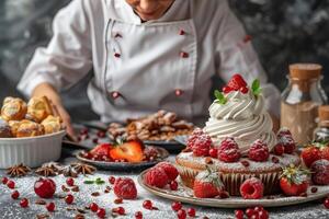 AI generated Woman Decorating Cake in Chefs Uniform photo