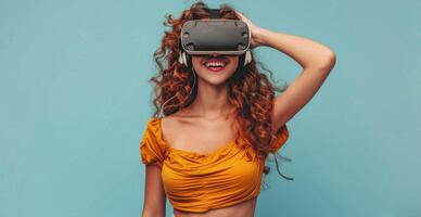 AI generated Woman in Yellow Top Wearing Virtual Reality Headset photo