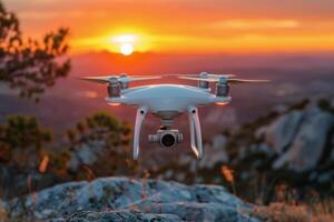 AI generated White Remote Controlled Flying Over Mountain at Sunset photo