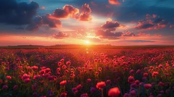 AI generated Field of Pink Flowers Under Cloudy Sky photo